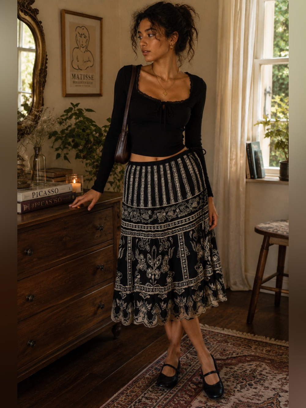 Black and White Patterned Skirt-Midi-One size fits most with tie waist